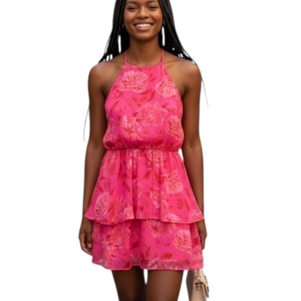 Vibrant Pink Floral Sleeveless Mini Dress